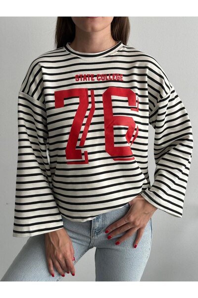 Trend Paris Kadın Çizgili "State College 76" Baskılı Oversize Esnek Dokulu Uz...