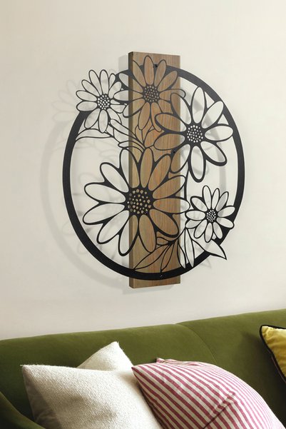 DEKORENZO Salon Duvar Süsü Halka Çiçekli Metal 50,5x56 cm Yeşil Ahşap