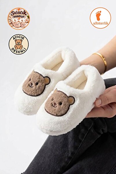 AlbiShoes Unisex Kız Erkek Çocuk Bebek Panduf Ev Patiği Pamuk Astar Ayıcık Fi...