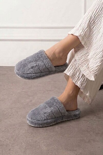 FUGA MODA Plampi Gray Stripe Detailed Plush Women's Winter House Slippers