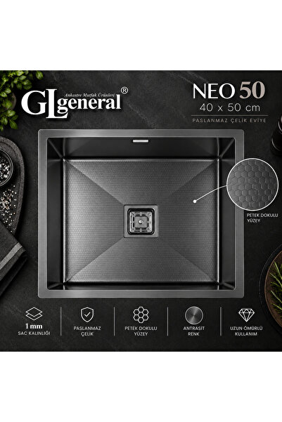 GL GENERAL General NEO 50 Paslanmaz Çelik Mutfak Eviyesi 40x50 cm 1 mm Petek ...