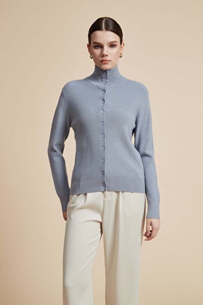 Yola Plain Sweater with High Neck, Long Sleeves and Button Front