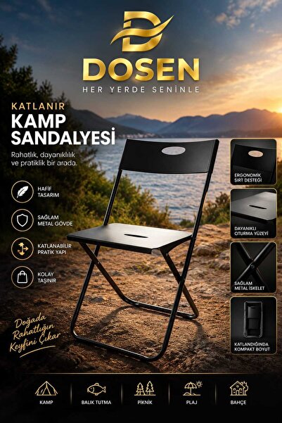 Katlanabilir Metal Sandalye -Katlanır Kamp, Balkon ve Bahçe Sandalyesi-Siyah