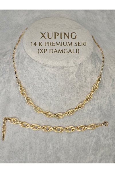 AG LUNERA XP Damgalı 14K Gold Kaplama Örgü Model Kolye Bileklik Set - 45 cm