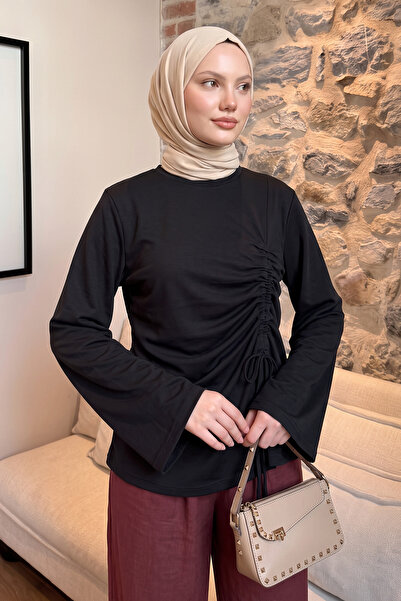Salih Çelebi Slit Gathered Tunic 13231 - Black