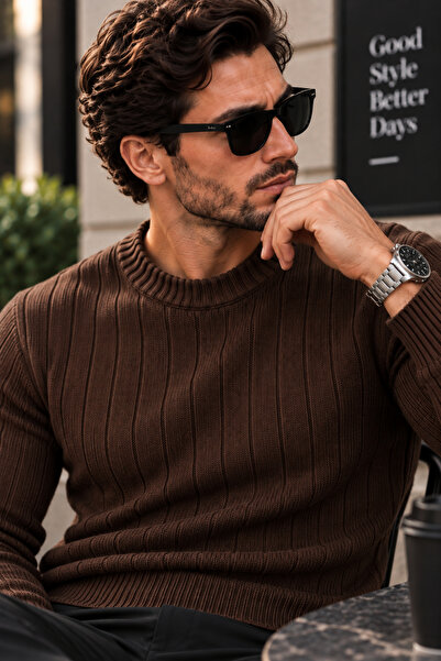 EMR Online Men's Knitwear Sweater Crew Neck Slim Knit Patterned Long Sleeve W...