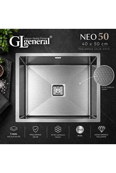 GL GENERAL General NEO 50 Paslanmaz Çelik Mutfak Eviyesi 40x50 cm 1 mm Petek ...