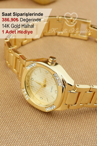 Keyifli Hayaller Gold Krem Kadran Klasik Model Kadın Kol Saati - 14K Gold Halhal Hediyeli