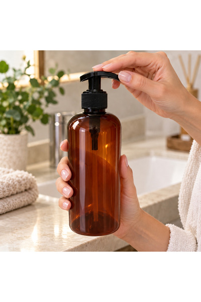 makrobay 500 ml Amber PET Pompalı Boş Şişe Siyah Losyon Pompası Sabun Şampuan Şişesi