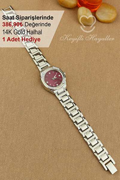 Keyifli Hayaller Silver Bordo Kadran Klasik Model Kadın Kol Saati - 14K Gold Halhal Hediyeli