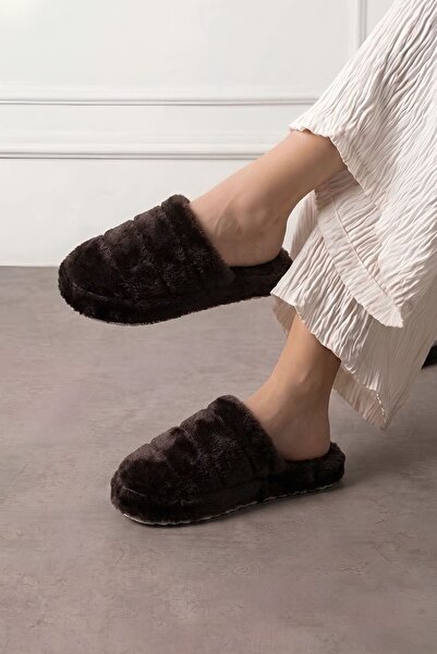 FUGA MODA Plampi Brown Stripe Detailed Plush Women's Winter House Slippers