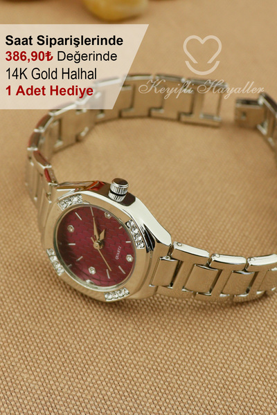 Keyifli Hayaller Silver Bordo Kadran Klasik Model Kadın Kol Saati - 14K Gold Halhal Hediyeli