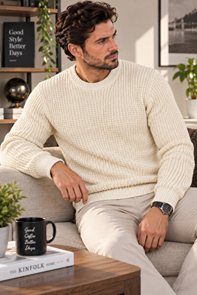 EMR Online Men's Ecru Knitwear Sweater Crew Neck Knitted Patterned Long Sleev...