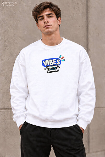 caddekombin Men's Blue Vibes Written and Retro Cassette Printed Crew Neck Cas...