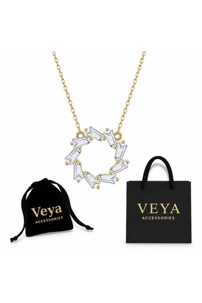 VEYA قلادة نسائية فضة استرليني 925 مطلية ذهب عيار 14 بتعليقة دائرية وأحجار مس...