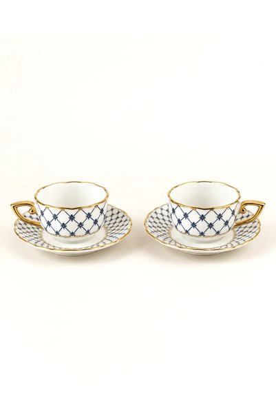 Mary's Concept Lacivert Kafes Desenli 2'li Altın Yaldızlı Fincan Takımı
