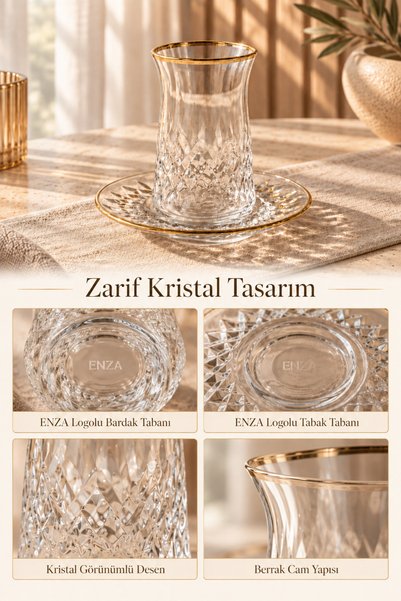 Enza Hüma 12 Parça Çay Seti Altın Yaldızlı Kristal Görünümlü Çay Bardağı Takımı