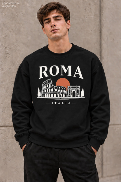 caddekombin سويت شيرت رجالي من Roma Italia بياقة دائرية وطباعة مكتوبة، مناسب ...