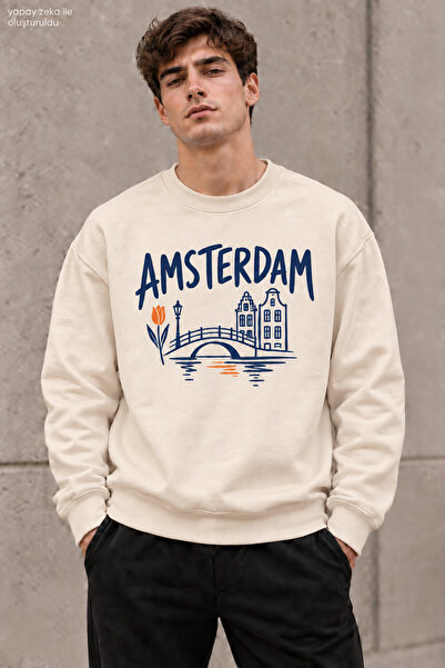 caddekombin Men's Amsterdam Lettering and Bridge Print Crew Neck Casual Regul...