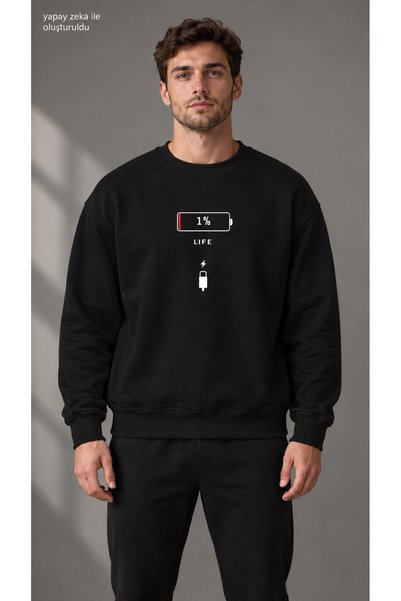 caddekombin Men's Low Battery Icon and 1% Life Text Printed Crew Neck Casual ...