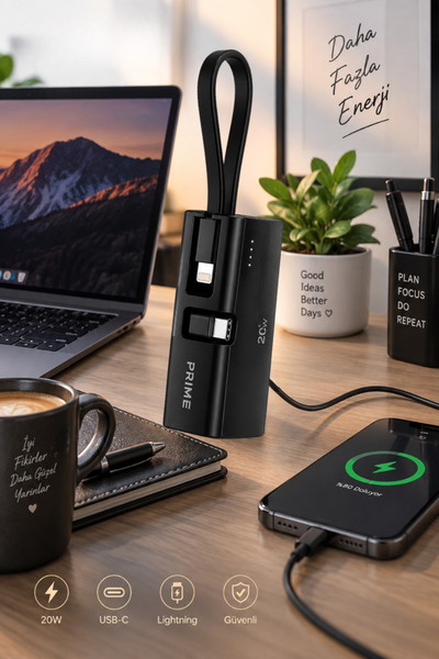 CROW'S TECH 5000 mAh Powerbank 20W PD Hızlı Şarj Dahili Lightning Kablolu USB-C Taşınabilir Şarj Cihazı
