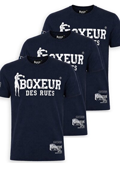 Boxeur Des Rues Tricouri bărbătești, pachet de 3, croială slim-fit: 3 x bleumarin cu logo alb