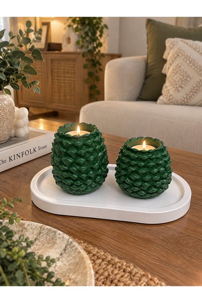 BUBUHOMEDECOR Premium Kozalak Desenli Yeşil 2’li Mumluk Seti – Dekoratif Teal...