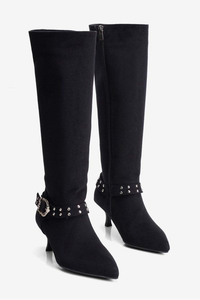 Mubiano Women's Suede Boots Pointed Toe Short Thin Heeled Buckle and Stud Det...