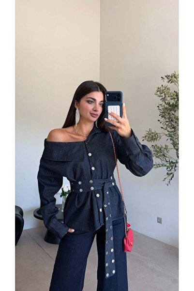 Bade Butik Navy Blue Asymmetric Collar Belted Jacket
