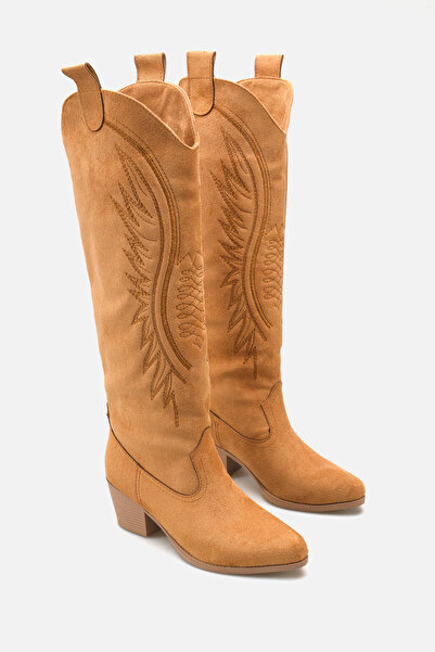Liza Shoes Women's Tan Suede Embroidered Short Heel Cowboy Boots A030-K925