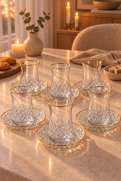 Enza Hüma 12 Piece Tea Set Gold Gilded Crystal Look Tea Cup Set