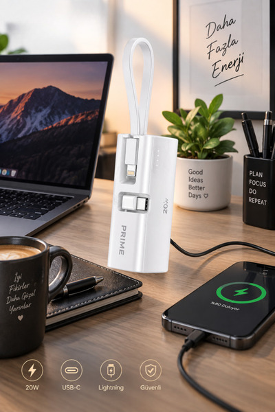 CROW'S TECH 5000 mAh Powerbank 20W PD Hızlı Şarj Dahili Lightning Kablolu USB-C Taşınabilir Şarj Cihazı