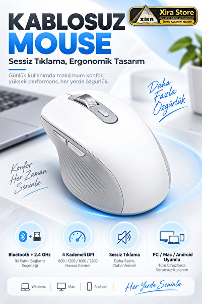 Bluetooth + 2.4 GHz Kablosuz Şarjlı Sessiz Mouse 4 Kademeli 800-1200-1600-3200 DPI 500 mAh
