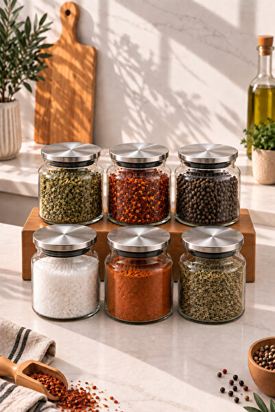 Mutfak Köşesi Prestige Set of 6 500 ml Metal Vacuum Lid Glass Spice Jars – wi...