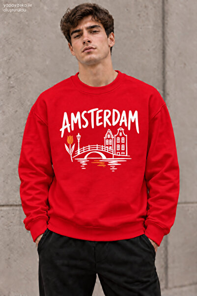 caddekombin Men's Amsterdam Lettering and Bridge Print Crew Neck Casual Regul...