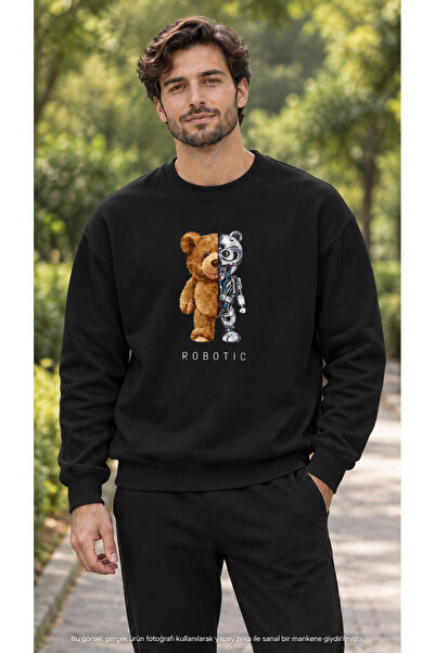 caddekombin Men's Semi-Plush Semi-Robot Bear Printed Crew Neck Casual Regular...