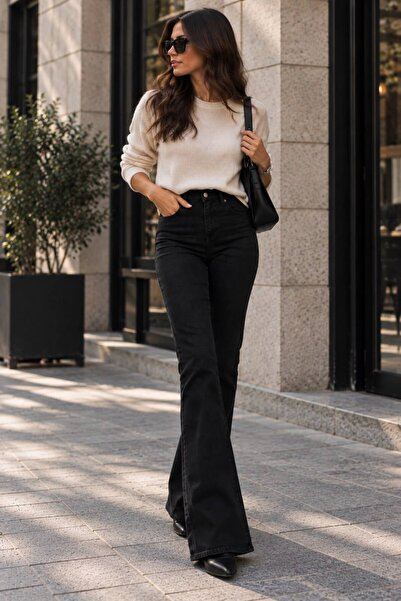 soBasic Women's High Waist Spanish Flare Stretch Denim Jean Pants