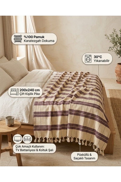 DNRYSL 100% Cotton Karatezgah Woven Double Pique 200X240 cm Checkered Fringed Tv Blanket Sofa Shawl