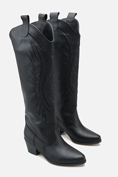 Liza Shoes Women's Black Leather Embroidered Short Heel Cowboy Boots A030-K925