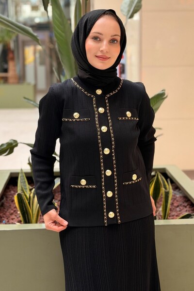 Ghisa Knitwear Cardigan with Chain and Gold Button Detail