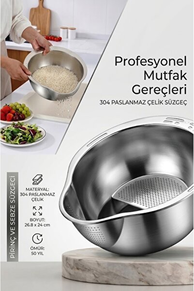 Gümüş 304 Paslanmaz Çelik Pirinç Ve Sebze Yıkama Süzgeci 26,8 X 24 Cm
