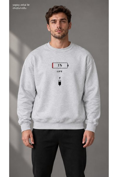 caddekombin Men's Low Battery Icon and 1% Life Text Printed Crew Neck Casual ...