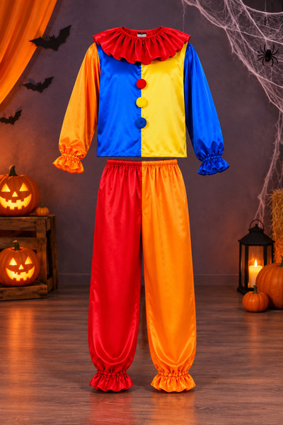 Halloween Saten Palyaço Kostümü ● Cadılar Bayramı Yetişkin 2 Parça Palyaço Kostümü