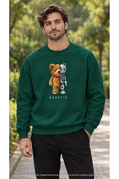 caddekombin Men's Semi-Plush Semi-Robot Bear Printed Crew Neck Casual Regular...