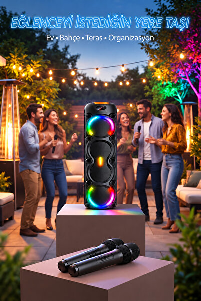 Maybax Büyük Boy Şarjlı Bluetooth Parti Hoparlörü Çift Kablosuz Mikrofon RGB Işıklı Karaoke USB TF AUX FM Radyolu
