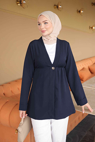 İmajButik سترة من قماش الكريب باللون الأزرق الداكن مع أكمام مطوية وزر واحد