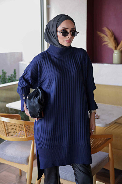 İmajButik Navy Blue Cold Yarn Knitwear Tunic with Cufflinks