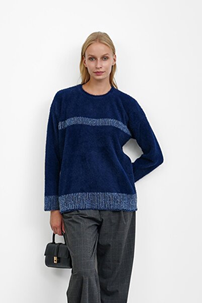 İmajButik Navy Blue Crew Neck Striped Angora Soft Knit Sweater