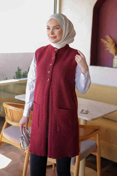 İmajButik Burgundy Bow Buttoned Felt Vest