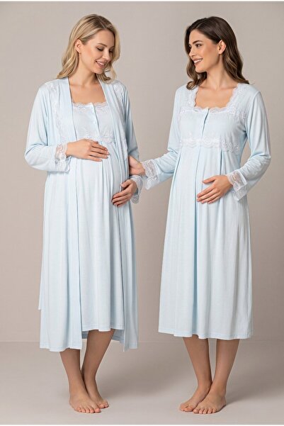 LOHOUSE Women's Blue Lace Long Sleeve Maternity Nightgown Set with Easy Nursi...